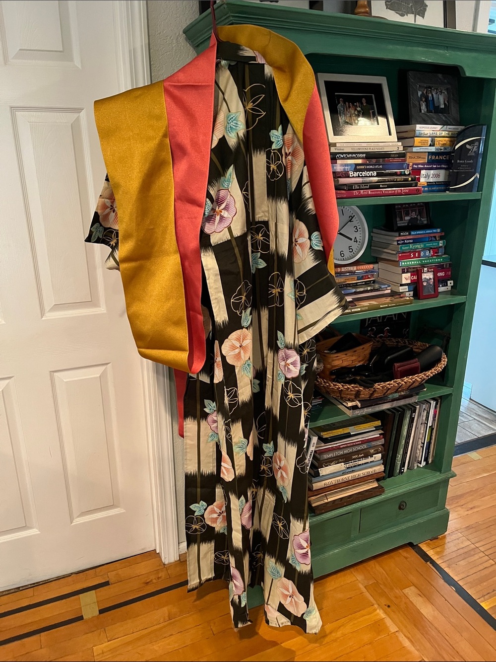 Black Floral Women's Kimono with Gold and Coral Obi Accents
